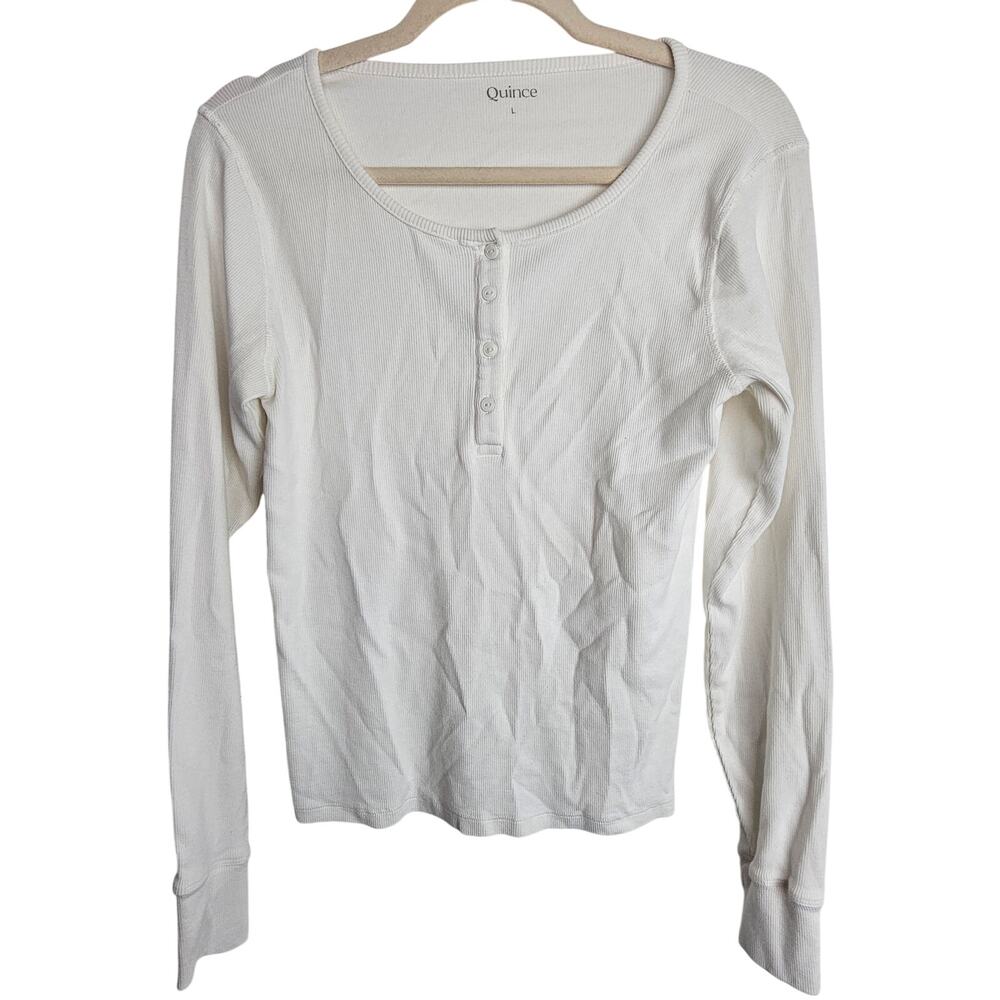 Quince Womens Organic Cotton Micro Rib Henley Long Sleeve Tee Size L Stretch